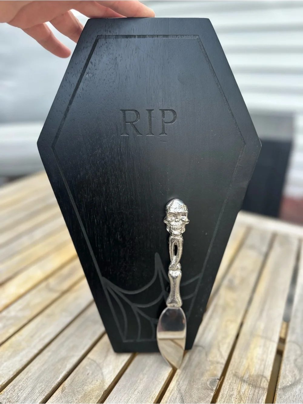 Halloween Black Coffin Serving Board with Silver Skull Spreader